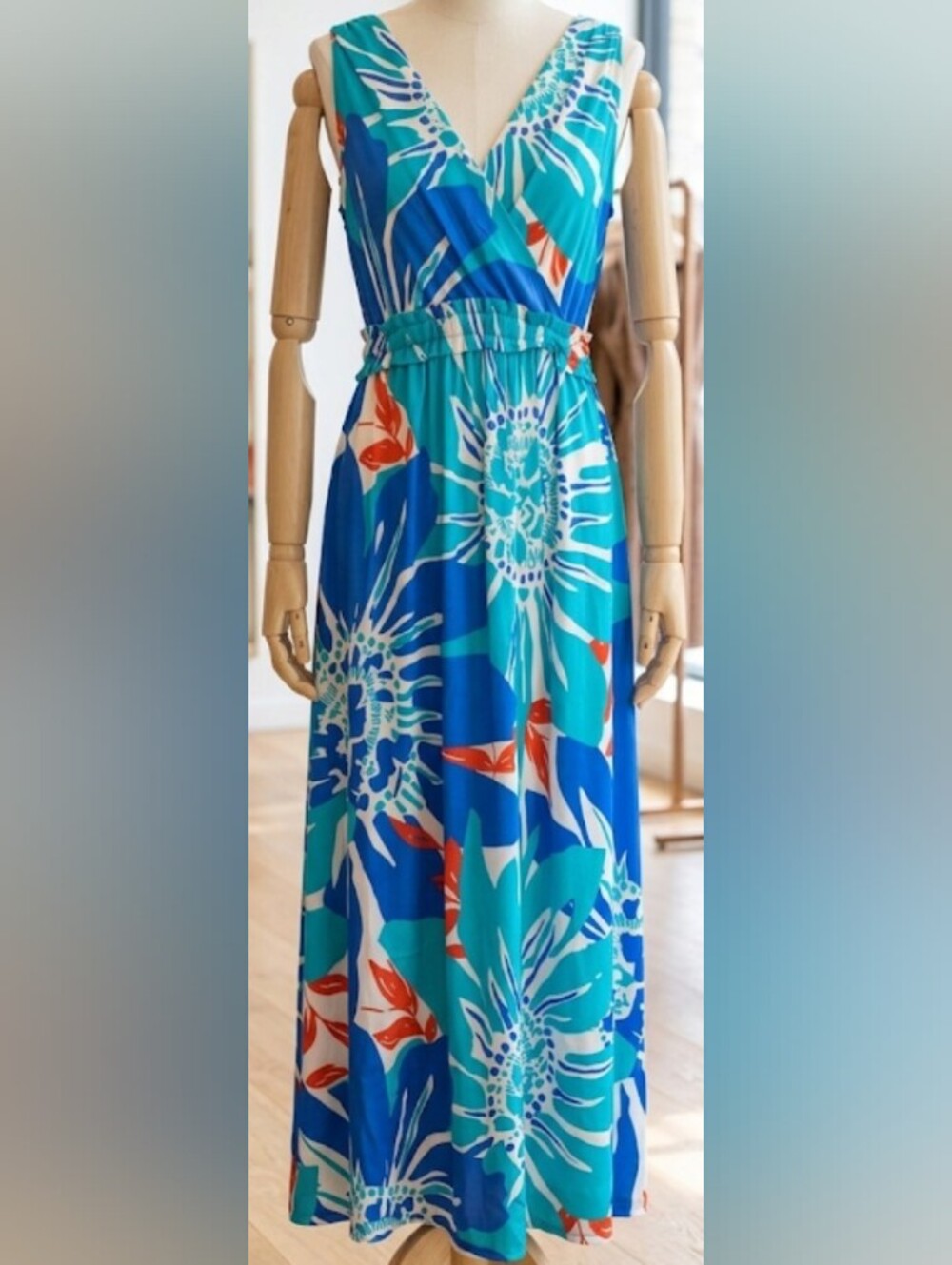 100% Silk Vintage Tropical Print Sleeveless Maxi Dress (Sz 8) Party Event Resort